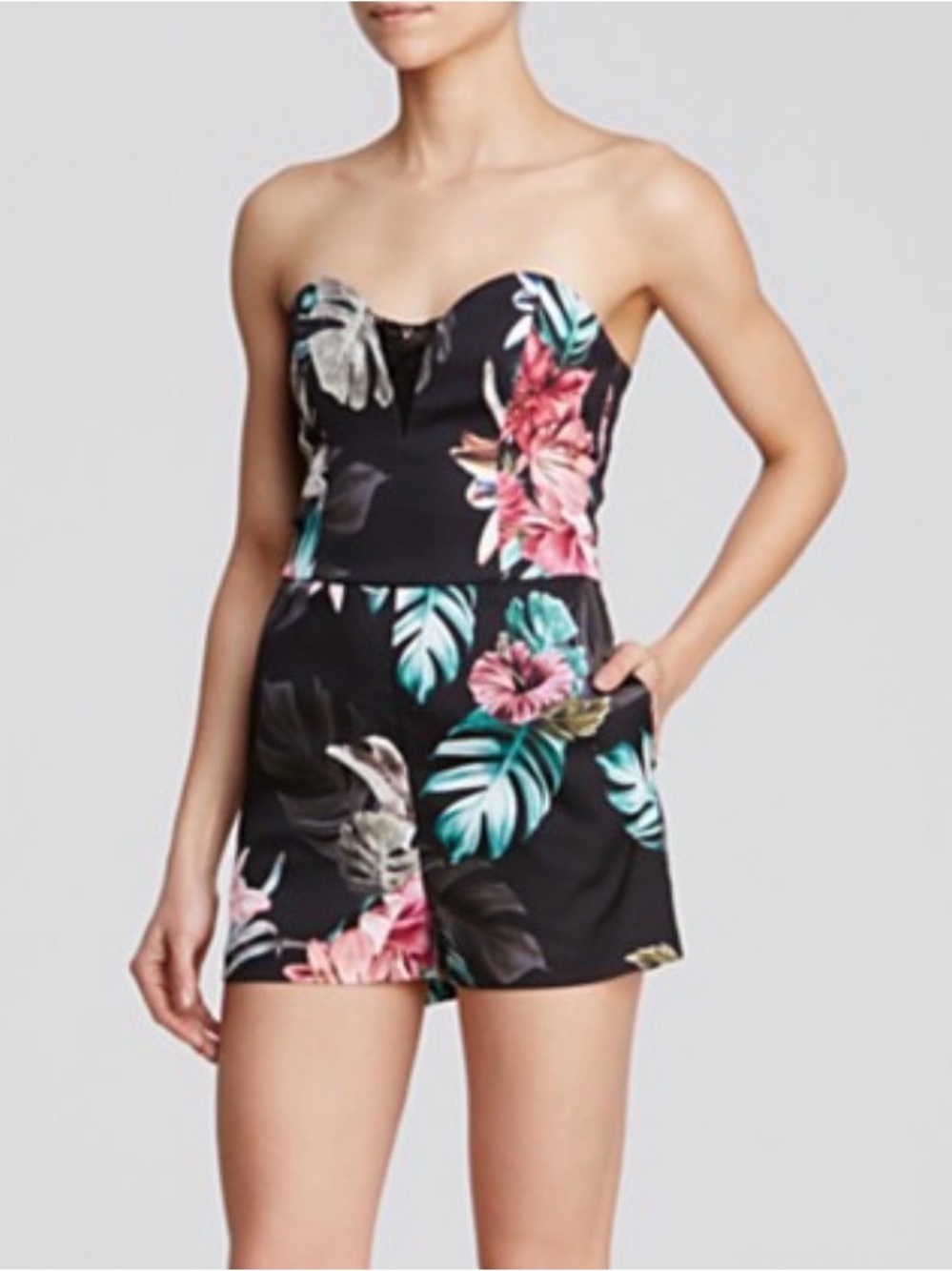 Guess Strapless Tropical Leaf Romper in Black, Teal & Pink